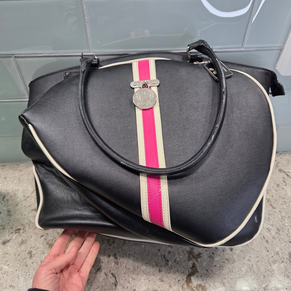 Court Couture Black Pink Cream Stripe Tote Bag Lock Charm Tennis Inspired